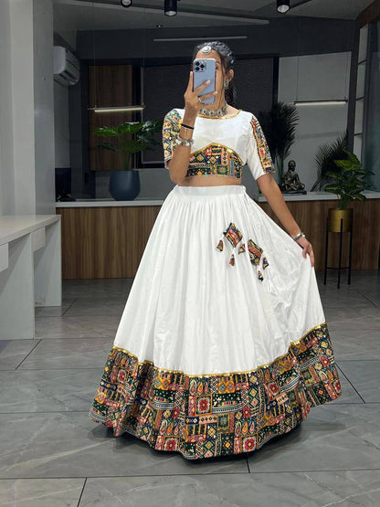 Green Pure Rayon Cotton Printed With Foil on Patch Work Navratri Lehenga Choli