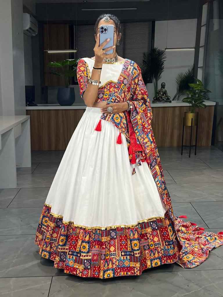Red Pure Rayon Cotton Printed With Foil on Patch Work Navratri Lehenga Choli