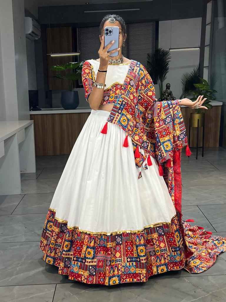 Red Pure Rayon Cotton Printed With Foil on Patch Work Navratri Lehenga Choli