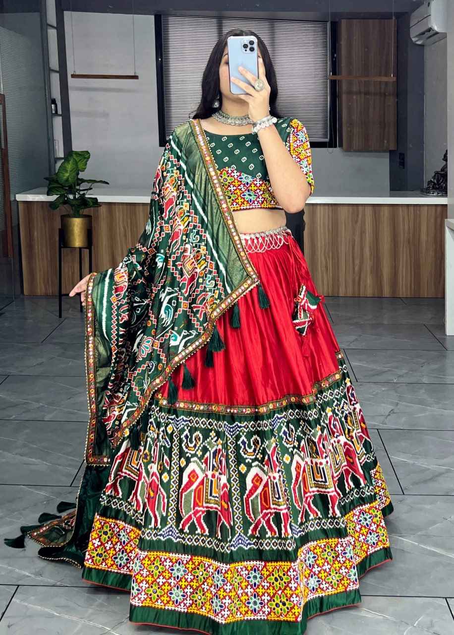 Red Pure Dola Silk Patola and Paithani Print Navratri Lehenga Choli