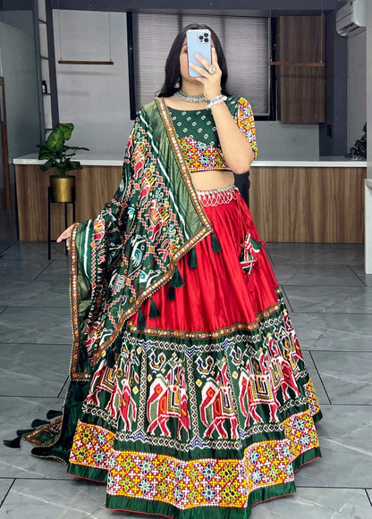 Red Pure Dola Silk Patola and Paithani Print Navratri Lehenga Choli