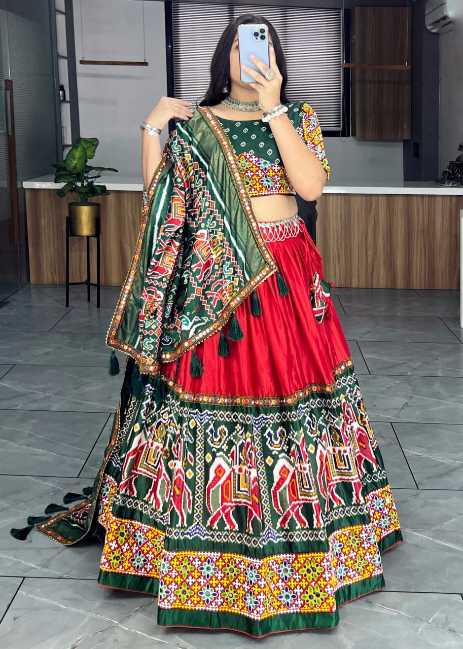 Red Pure Dola Silk Patola and Paithani Print Navratri Lehenga Choli