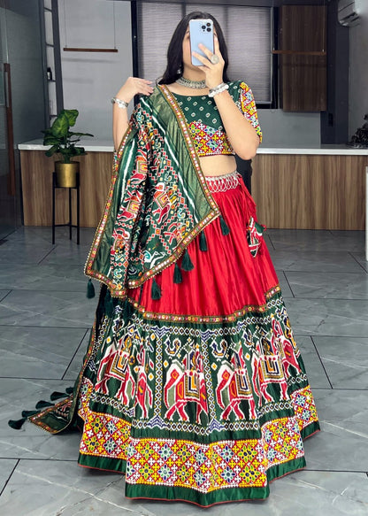 Red Pure Dola Silk Patola and Paithani Print Navratri Lehenga Choli
