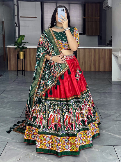 Red Pure Dola Silk Patola and Paithani Print Navratri Lehenga Choli