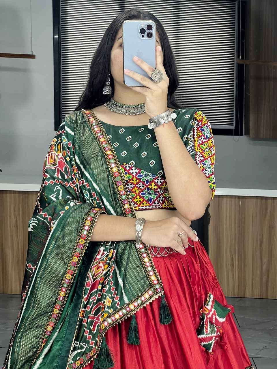 Red Pure Dola Silk Patola and Paithani Print Navratri Lehenga Choli