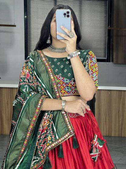 Red Pure Dola Silk Patola and Paithani Print Navratri Lehenga Choli