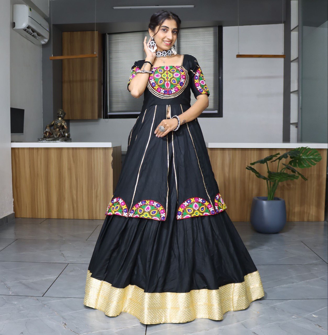Black Pure Rayon Cotton Plain With Golden Zari Weaving Work Navratri Lehenga Choli