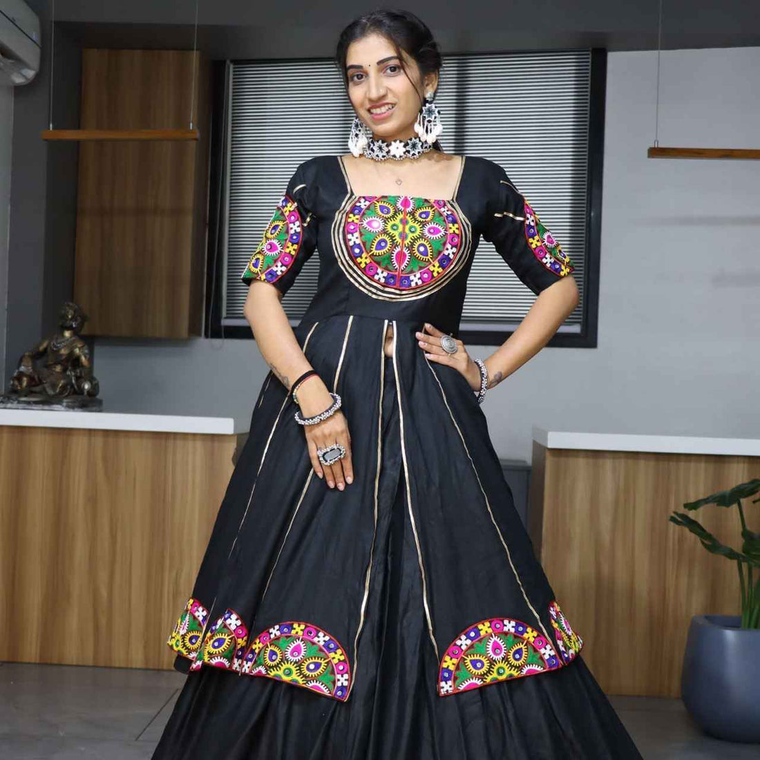 Black Pure Rayon Cotton Plain With Golden Zari Weaving Work Navratri Lehenga Choli