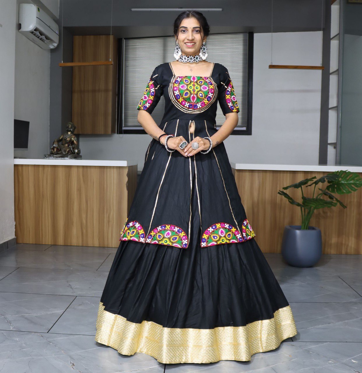 Black Pure Rayon Cotton Plain With Golden Zari Weaving Work Navratri Lehenga Choli