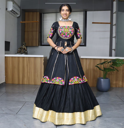 Black Pure Rayon Cotton Plain With Golden Zari Weaving Work Navratri Lehenga Choli