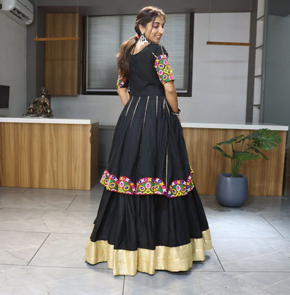 Black Pure Rayon Cotton Plain With Golden Zari Weaving Work Navratri Lehenga Choli