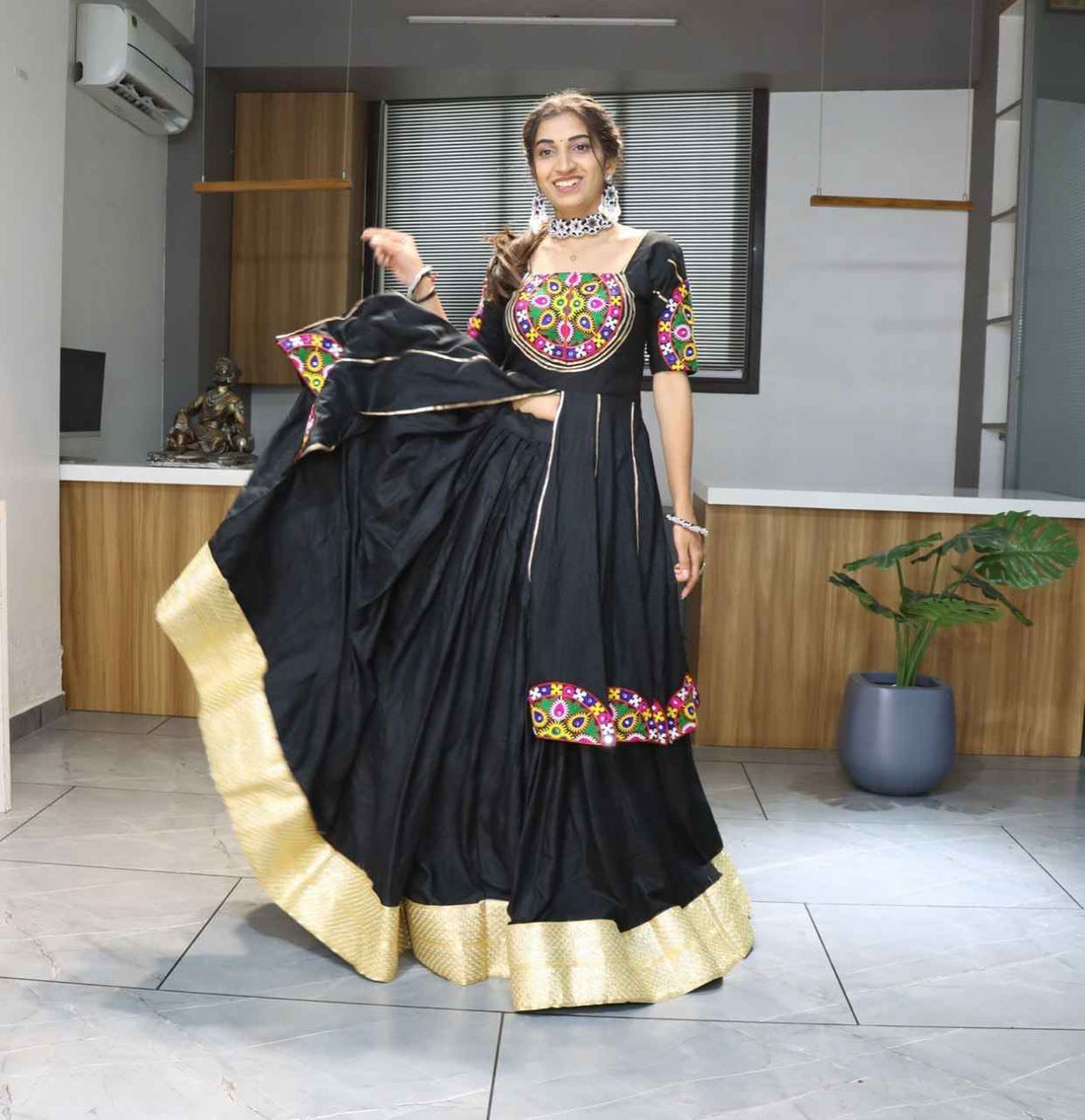 Black Pure Rayon Cotton Plain With Golden Zari Weaving Work Navratri Lehenga Choli