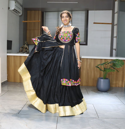 Black Pure Rayon Cotton Plain With Golden Zari Weaving Work Navratri Lehenga Choli