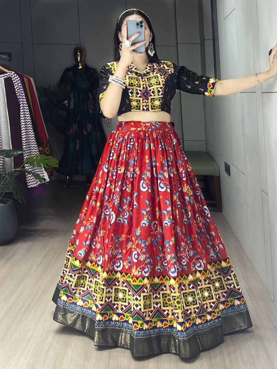 Red Pure Soft Silk Floral Prints With Traditional Kutchi Work Navratri Lehenga Choli