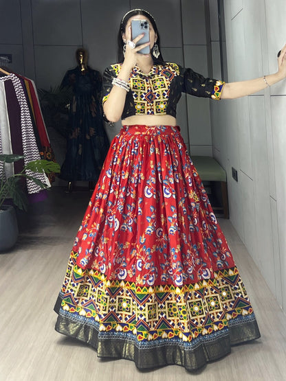 Red Pure Soft Silk Floral Prints With Traditional Kutchi Work Navratri Lehenga Choli