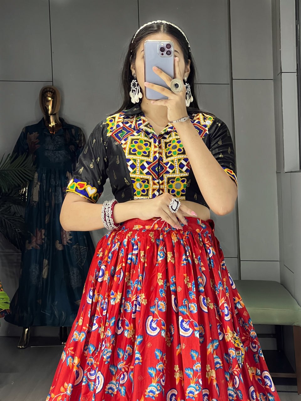 Red Pure Soft Silk Floral Prints With Traditional Kutchi Work Navratri Lehenga Choli