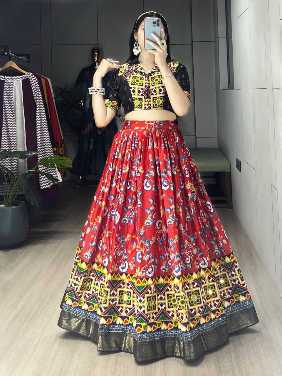 Red Pure Soft Silk Floral Prints With Traditional Kutchi Work Navratri Lehenga Choli