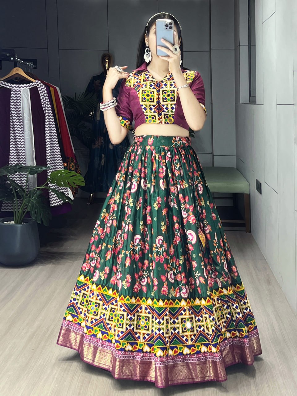 Green Pure Soft Silk Floral Prints With Traditional Kutchi Work Navratri Lehenga Choli