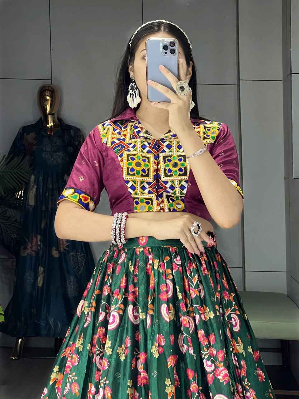 Green Pure Soft Silk Floral Prints With Traditional Kutchi Work Navratri Lehenga Choli