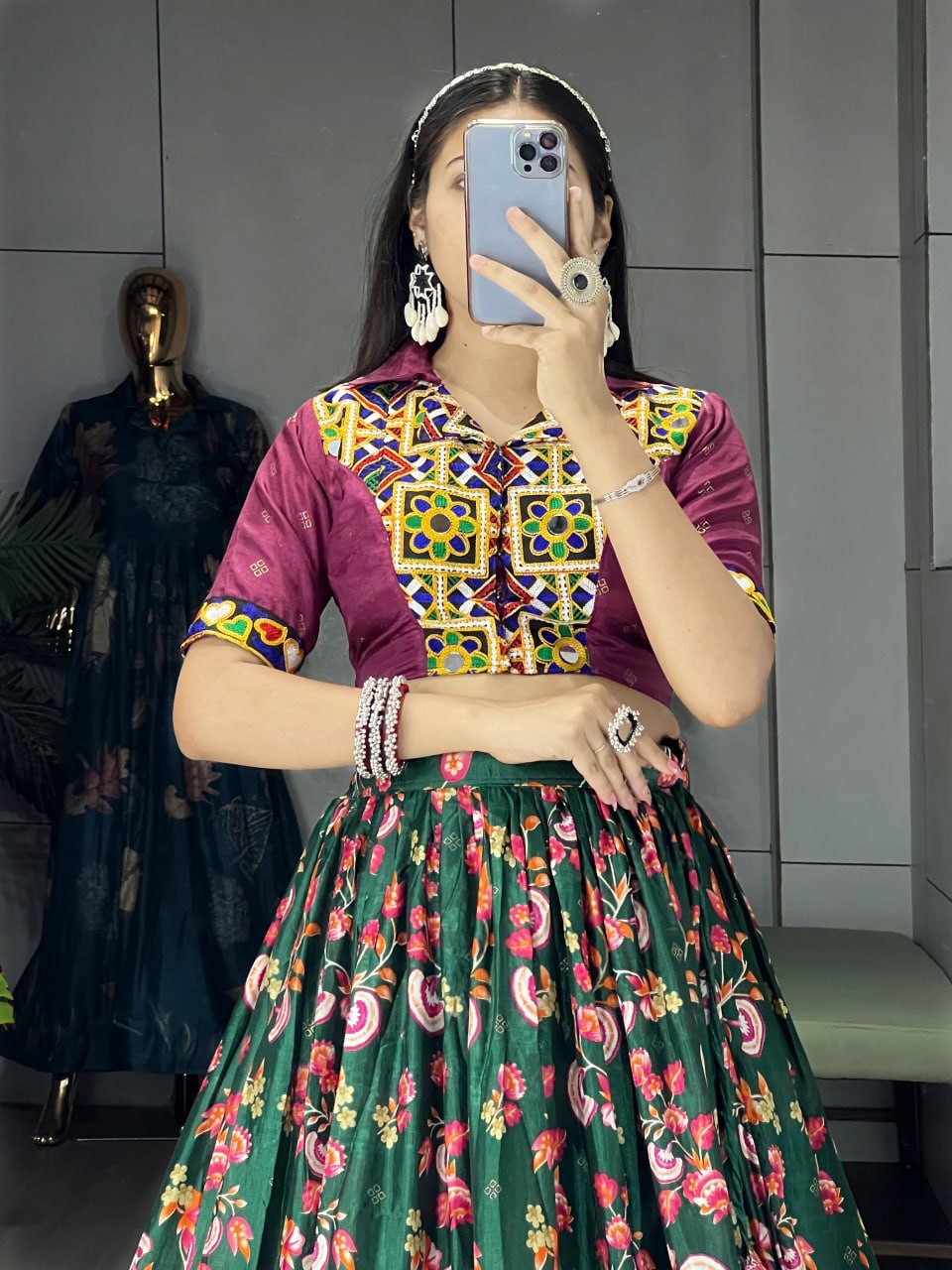 Green Pure Soft Silk Floral Prints With Traditional Kutchi Work Navratri Lehenga Choli