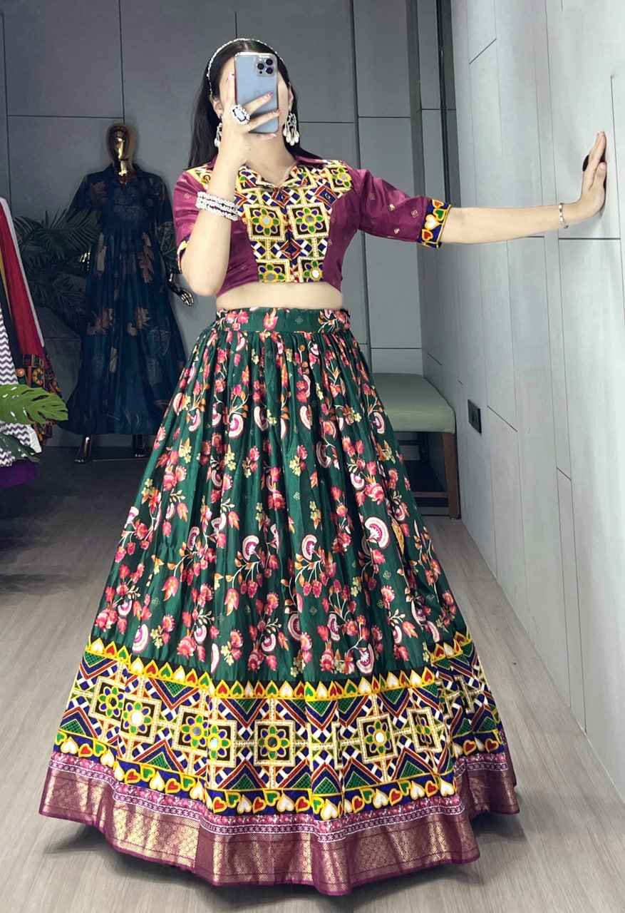 Green Pure Soft Silk Floral Prints With Traditional Kutchi Work Navratri Lehenga Choli