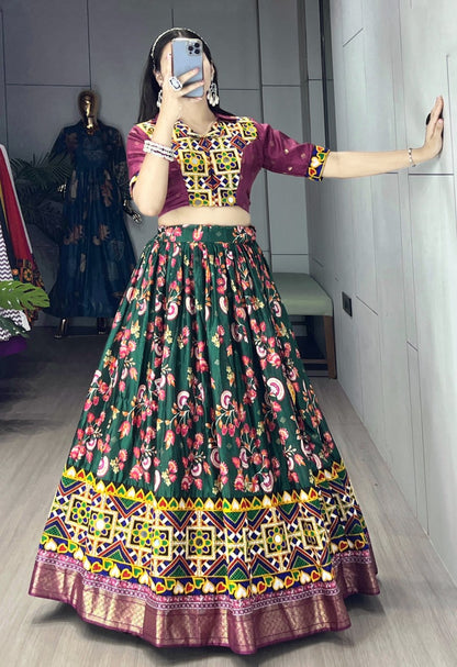 Green Pure Soft Silk Floral Prints With Traditional Kutchi Work Navratri Lehenga Choli