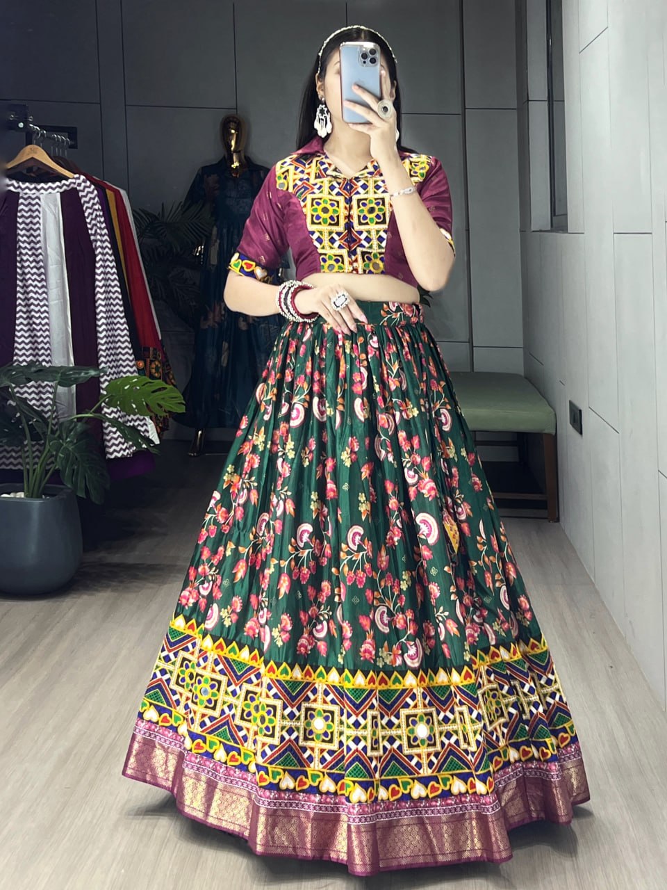 Green Pure Soft Silk Floral Prints With Traditional Kutchi Work Navratri Lehenga Choli
