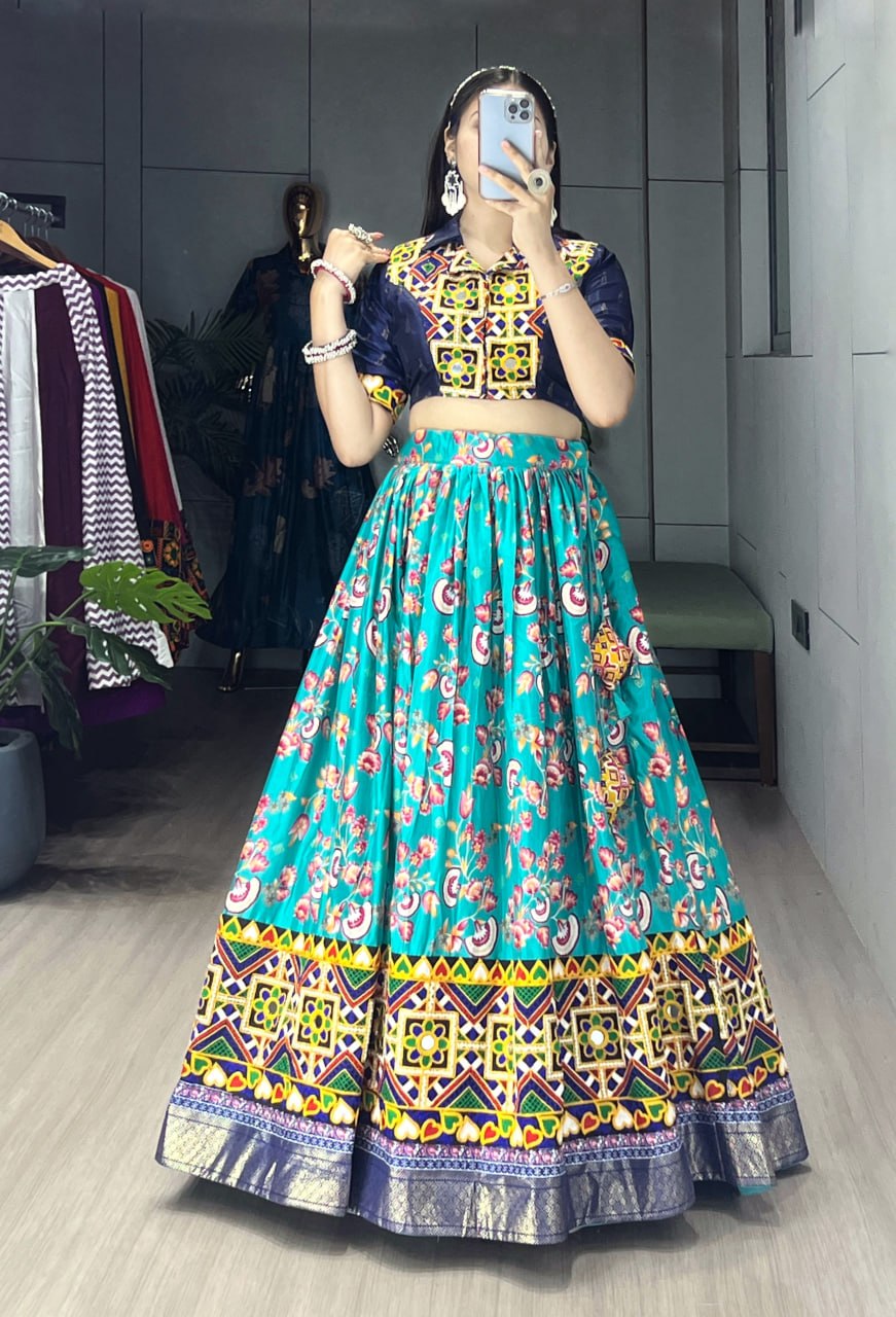 Sky Pure Soft Silk Floral Prints With Traditional Kutchi Work Navratri Lehenga Choli
