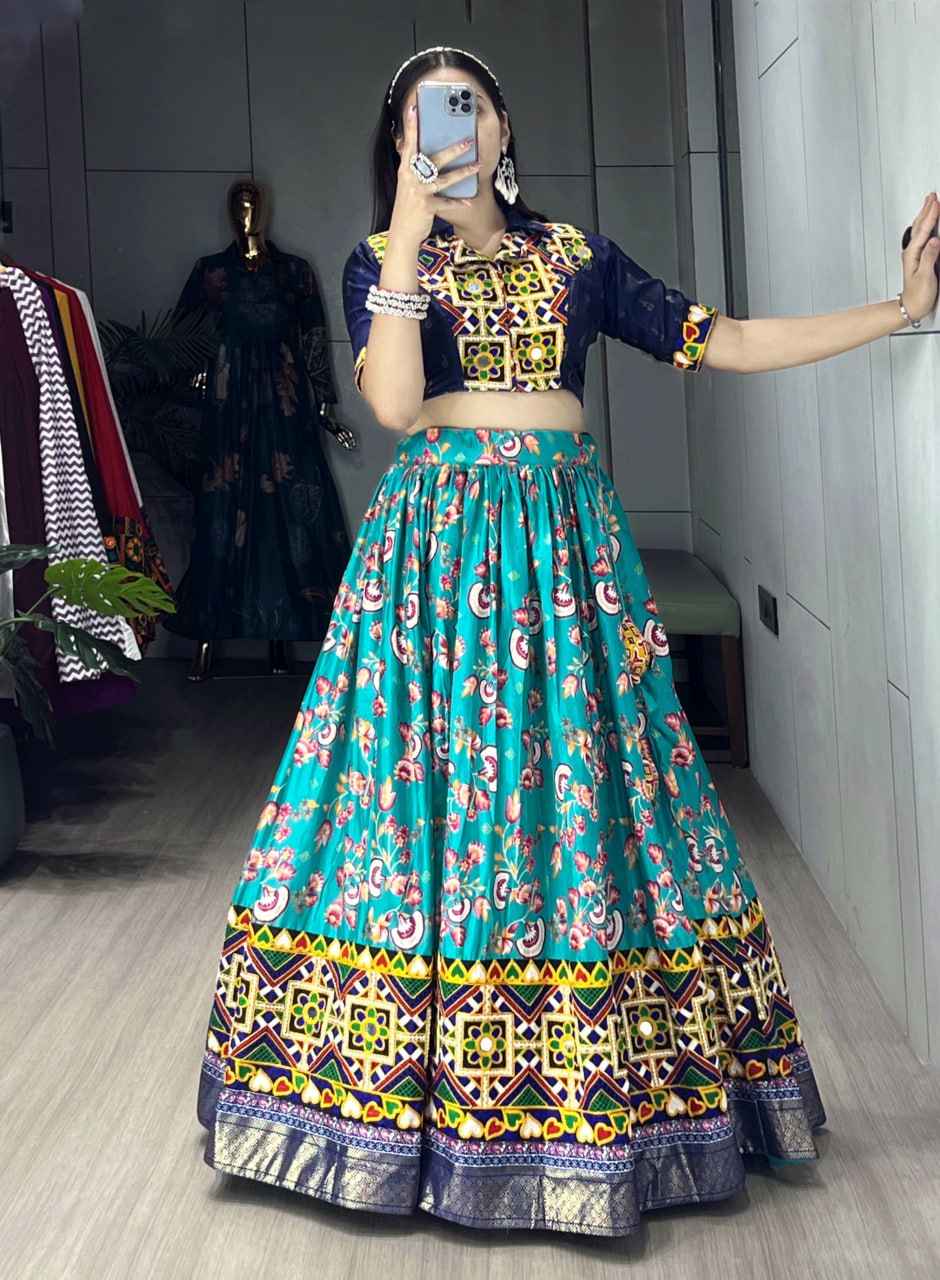 Sky Pure Soft Silk Floral Prints With Traditional Kutchi Work Navratri Lehenga Choli