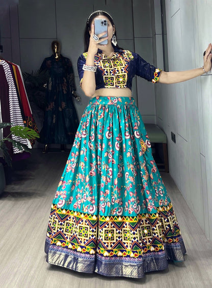 Sky Pure Soft Silk Floral Prints With Traditional Kutchi Work Navratri Lehenga Choli