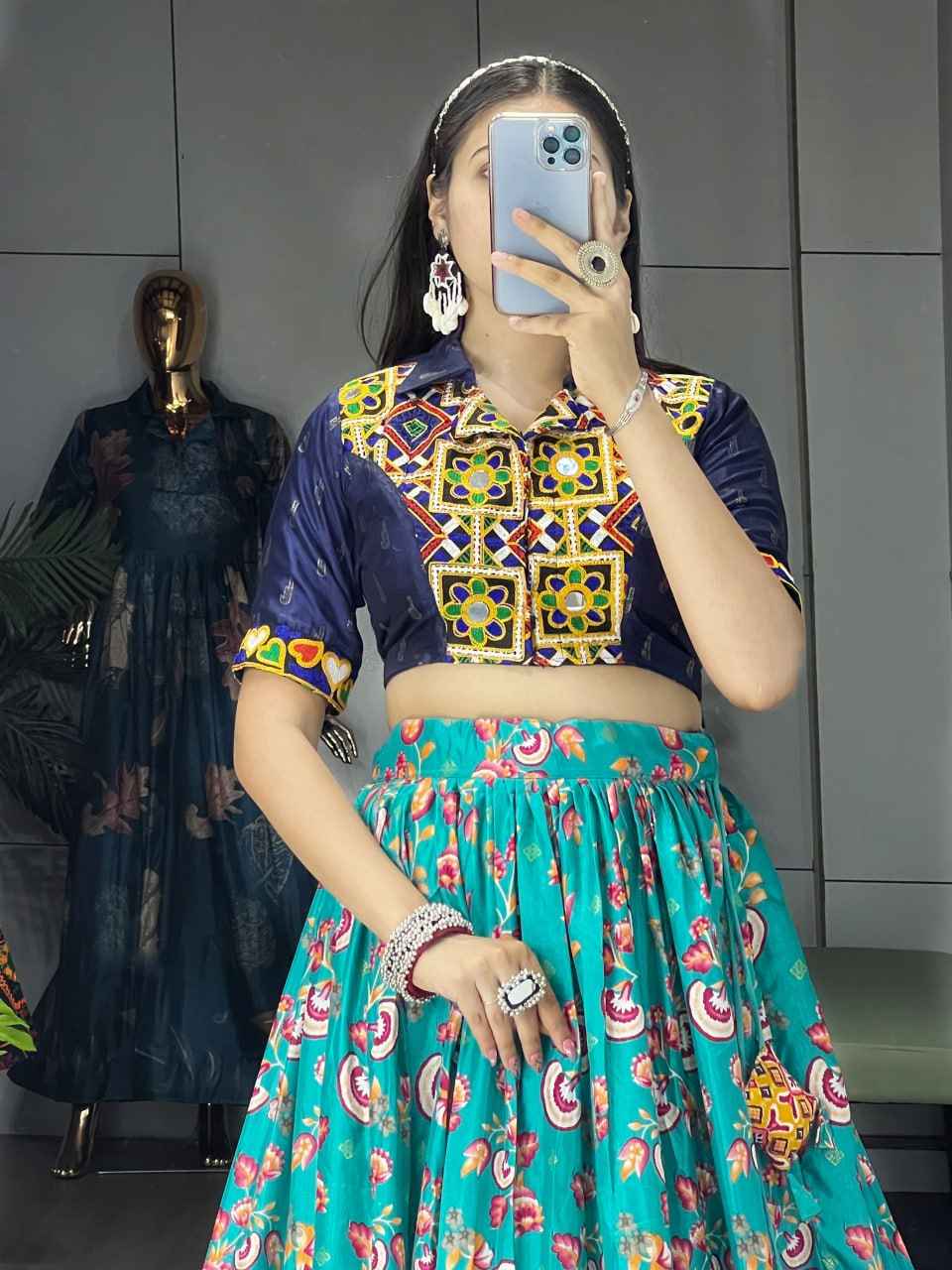Sky Pure Soft Silk Floral Prints With Traditional Kutchi Work Navratri Lehenga Choli
