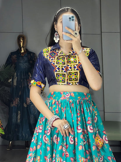 Sky Pure Soft Silk Floral Prints With Traditional Kutchi Work Navratri Lehenga Choli