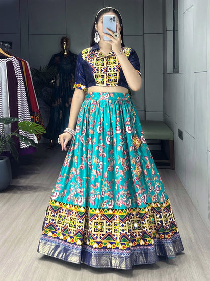 Sky Pure Soft Silk Floral Prints With Traditional Kutchi Work Navratri Lehenga Choli