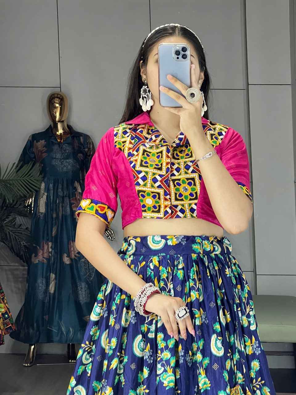 Blue Pure Soft Silk Floral Prints With Traditional Kutchi Work Navratri Lehenga Choli