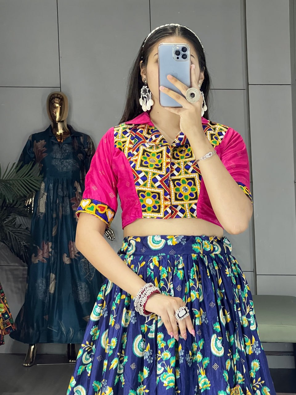 Blue Pure Soft Silk Floral Prints With Traditional Kutchi Work Navratri Lehenga Choli