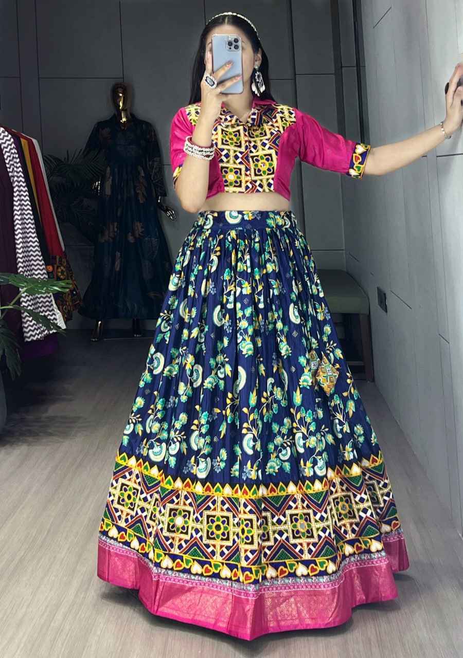 Blue Pure Soft Silk Floral Prints With Traditional Kutchi Work Navratri Lehenga Choli
