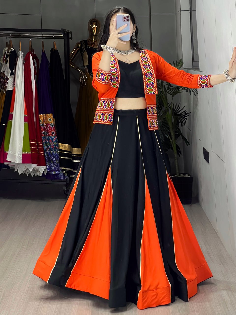 Orange Pure Rayon Cotton Multi Colored Gota Patti Work Navratri Lehenga Choli