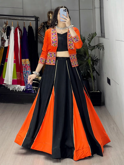 Orange Pure Rayon Cotton Multi Colored Gota Patti Work Navratri Lehenga Choli