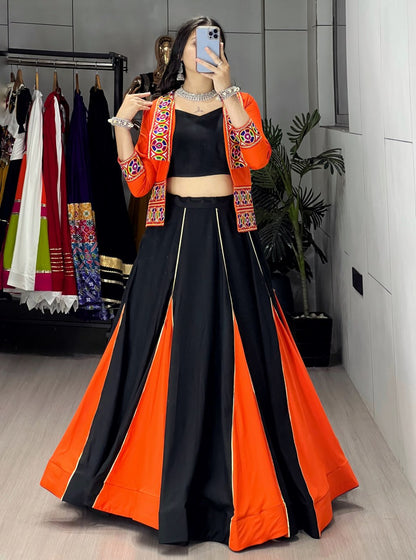 Orange Pure Rayon Cotton Multi Colored Gota Patti Work Navratri Lehenga Choli