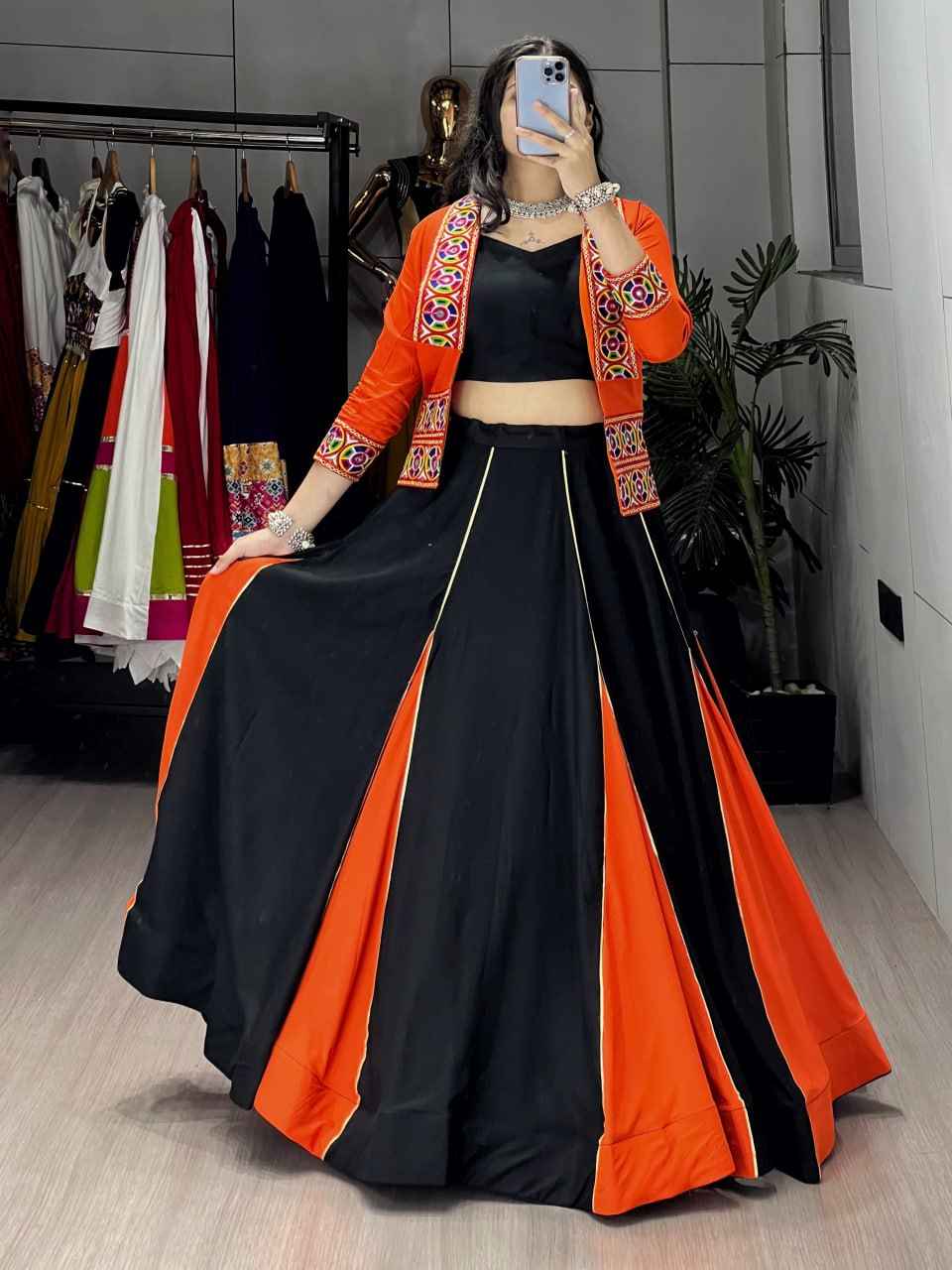 Orange Pure Rayon Cotton Multi Colored Gota Patti Work Navratri Lehenga Choli