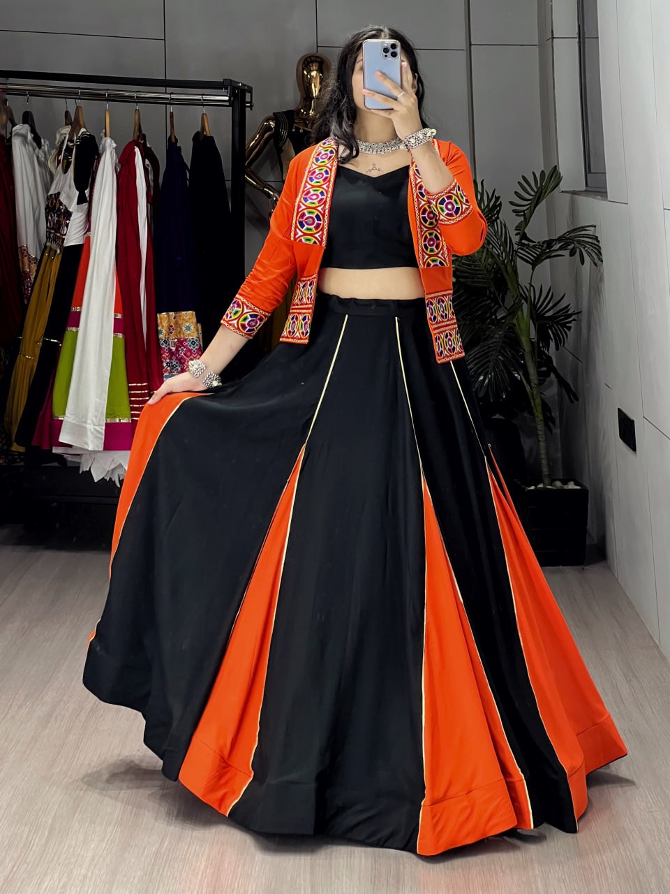 Orange Pure Rayon Cotton Multi Colored Gota Patti Work Navratri Lehenga Choli