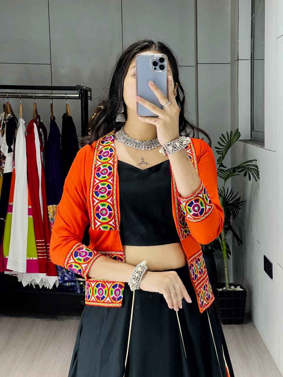 Orange Pure Rayon Cotton Multi Colored Gota Patti Work Navratri Lehenga Choli