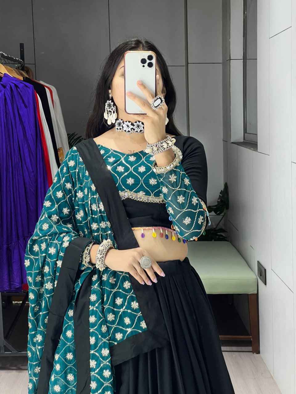 Black Pure Rayon Cotton Plain With Sequence Gota Work Navratri Lehenga Choli