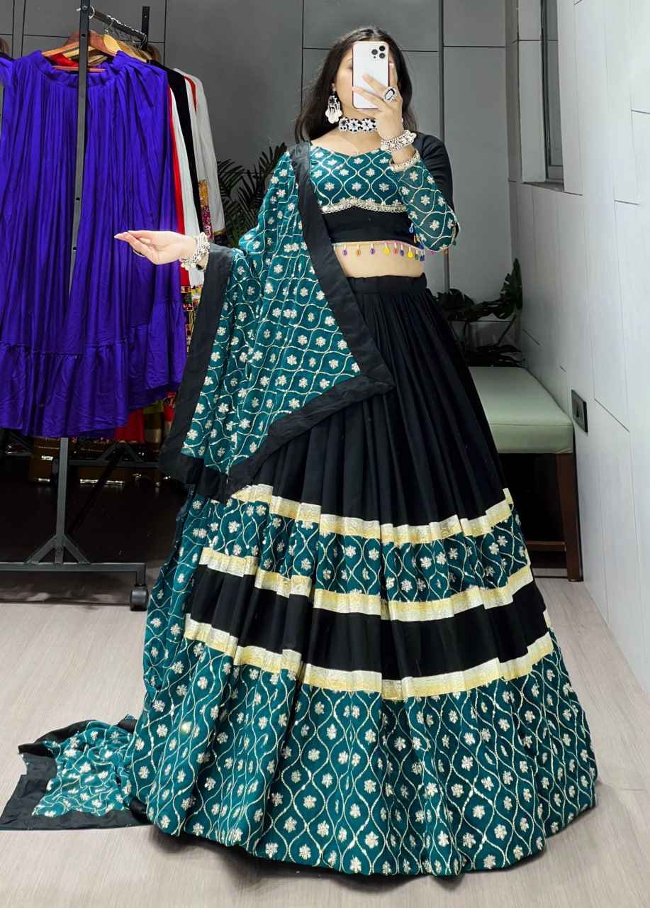 Black Pure Rayon Cotton Plain With Sequence Gota Work Navratri Lehenga Choli