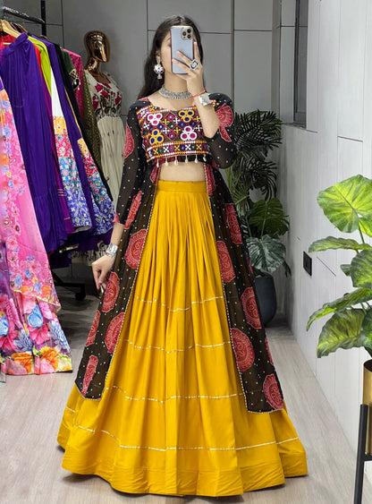 Yellow Black Pure Pure Rayon Cotton Plain Gota Patti Micro Navratri Lehenga Choli