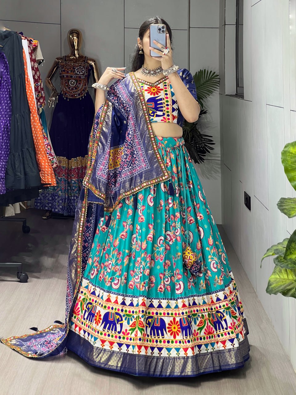 Firozi Pure Dola Silk Floral Print with Traditional Kutchi Work Navratri Lehenga Choli