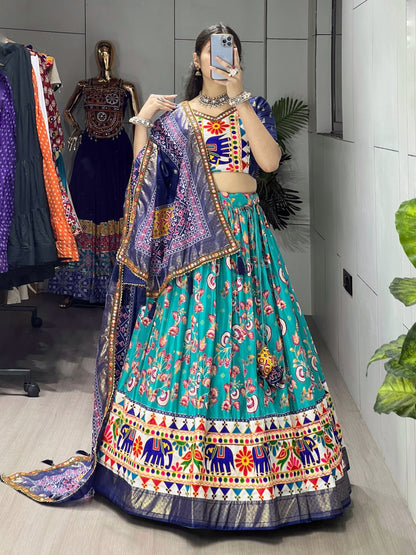 Firozi Pure Dola Silk Floral Print with Traditional Kutchi Work Navratri Lehenga Choli
