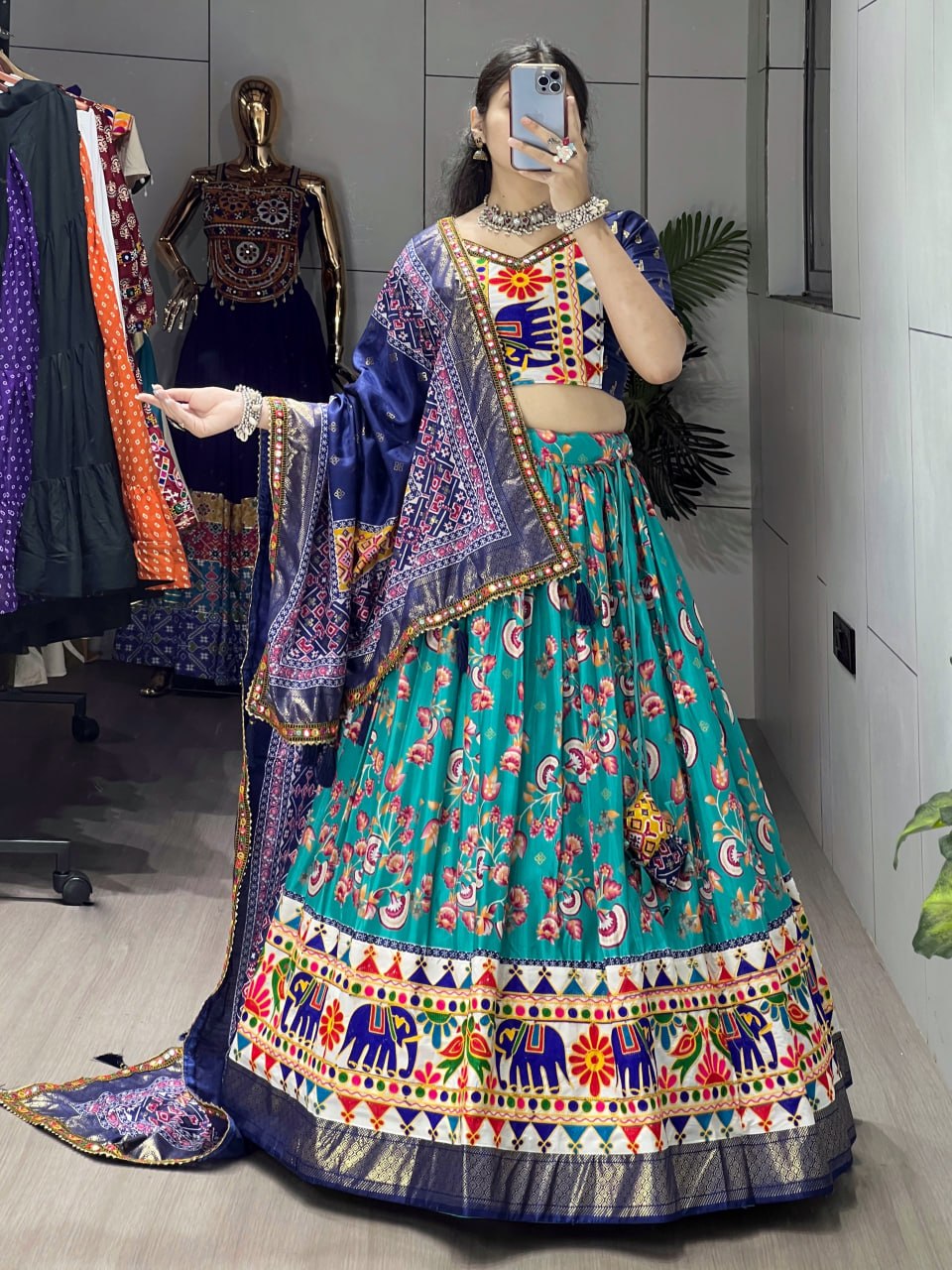 Firozi Pure Dola Silk Floral Print with Traditional Kutchi Work Navratri Lehenga Choli