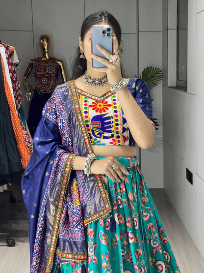 Firozi Pure Dola Silk Floral Print with Traditional Kutchi Work Navratri Lehenga Choli