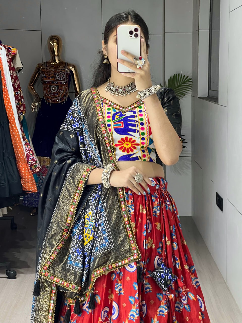 Red Pure Dola Silk Floral Print with Traditional Kutchi Work Navratri Lehenga Choli